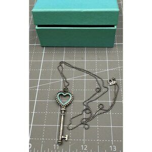 Tiffany & Co Sterling Silver Teal Enamel Heart Key Necklace 24” Bead Chain 925